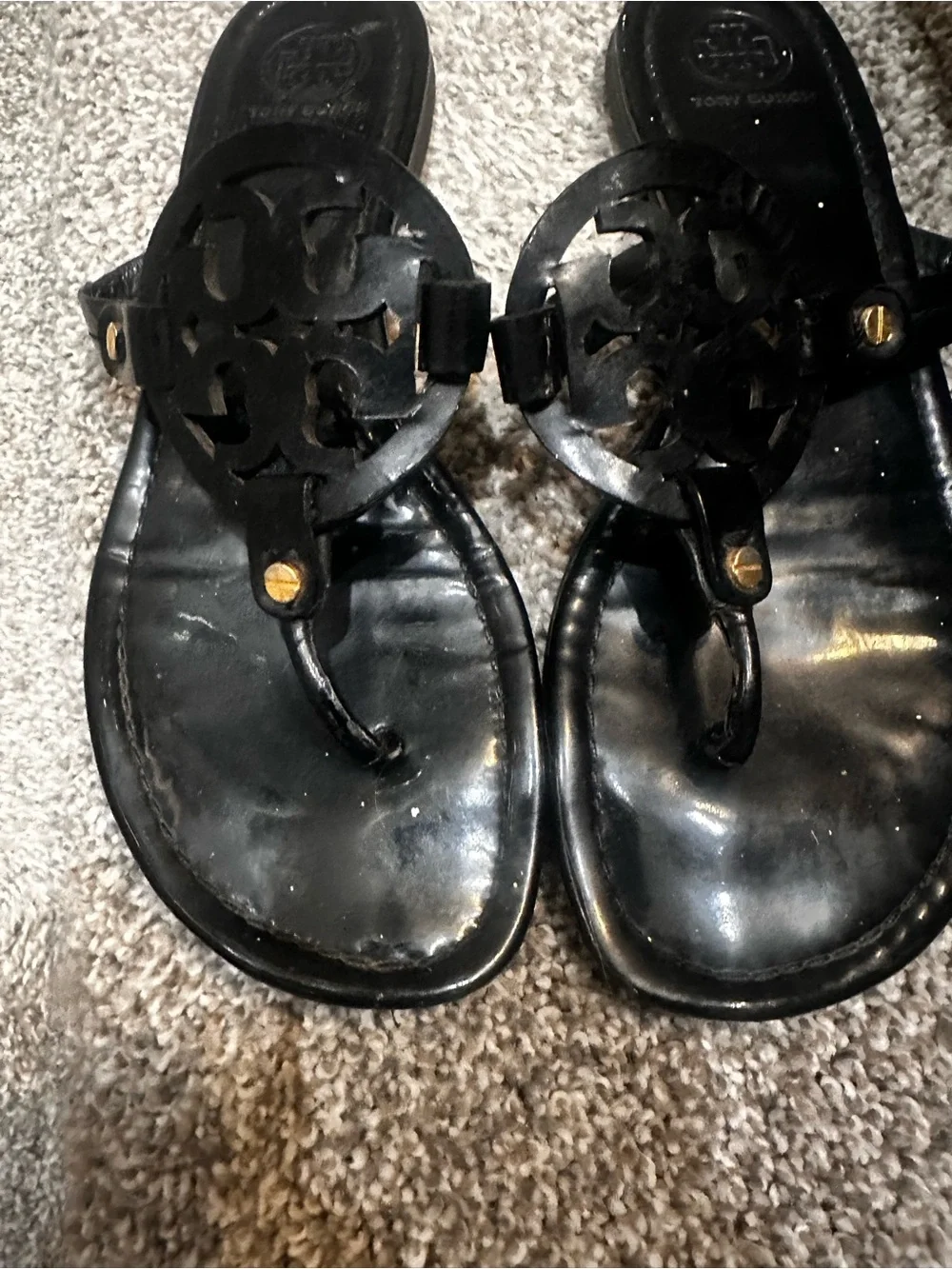 Tory Burch Black Patent Logo-Disc Slide Sandals
